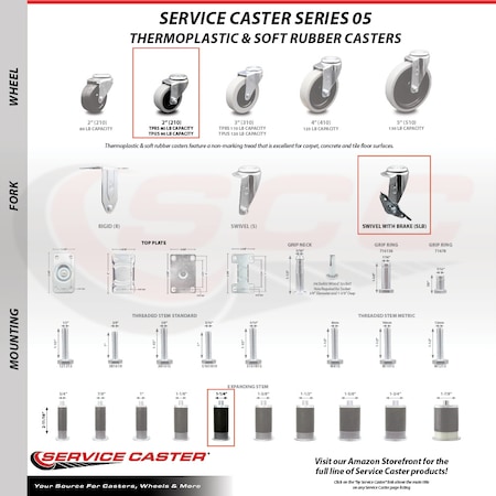 Service Caster 2 Inch Thermoplastic Wheel 1-1/4 Inch Expanding Stem Caster Set with 2 Brakes SCC-EX05S210-TPRS-114-2-SLB-2